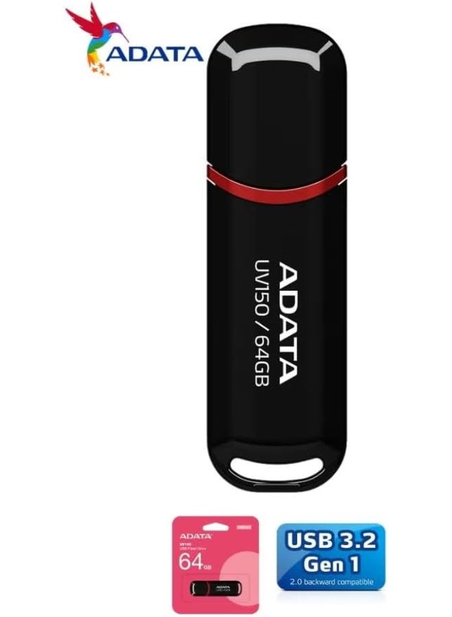 أداتا ايه داتا ذاكرة فلاش USB UV150 بسعة 64 جيجابايت وUSB 3.2 بغطاء كبس، خفيفة الوزن وسريعة لنقل البيانات AUV150-64G-RBK أسود - Image 5